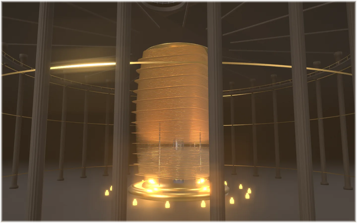 A monumental stack of thin amber layer plates on a satin spindle, lit from below, inside a colonnade of fluted graphite columns with an upper gallery, in a cylindrical hall whose far wall vanishes into warm fog.