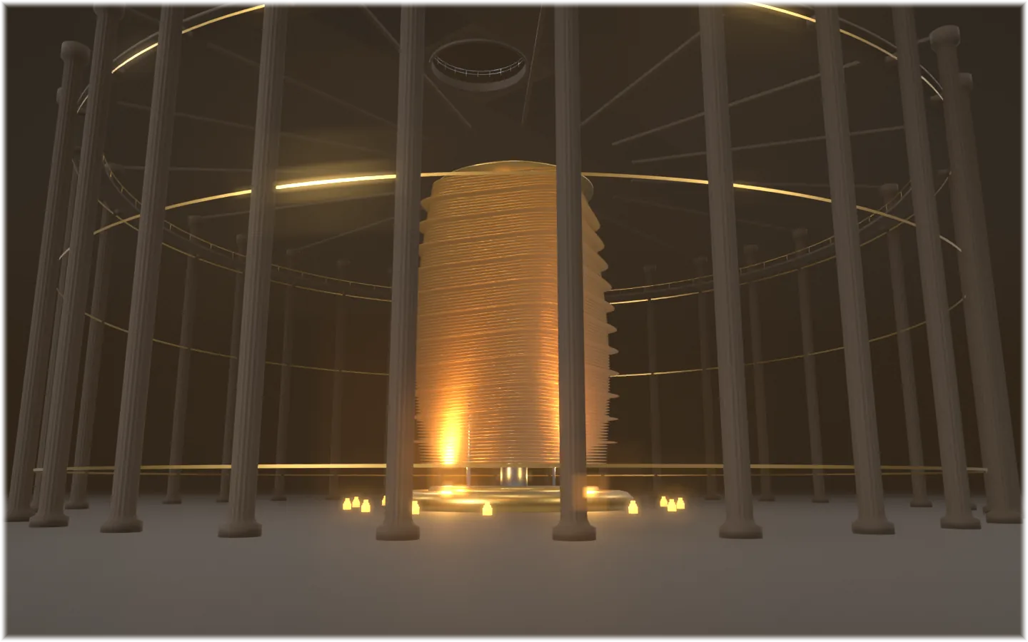 A monumental stack of thin amber layer plates on a satin spindle, lit from below, inside a colonnade of fluted graphite columns with an upper gallery, in a cylindrical hall whose far wall vanishes into warm fog.