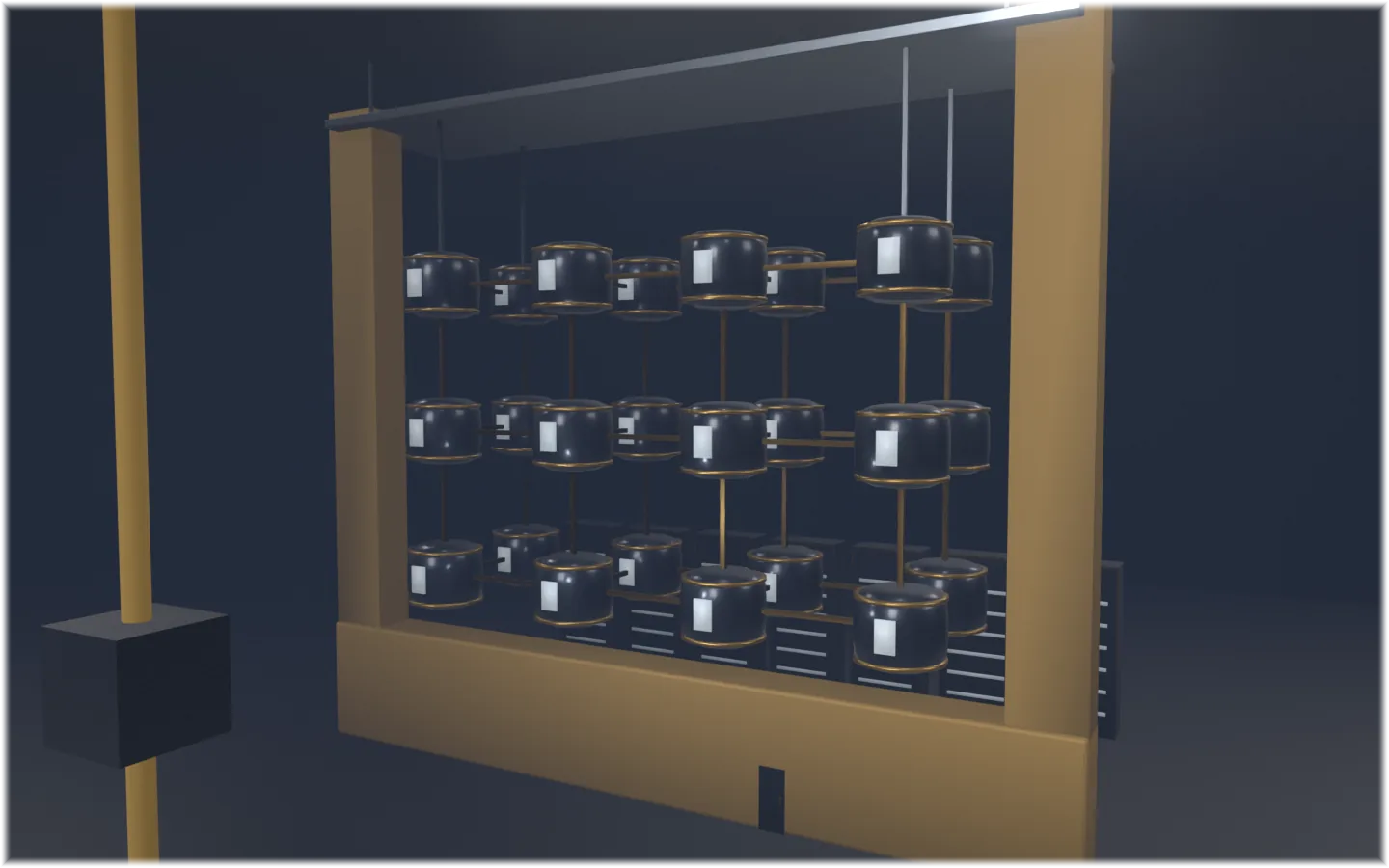Twenty-four coated dark bodies hang in two layers on a brass lattice beneath a cable tray, with cold white signal apertures, a bank of dark cabinets behind and a broad brass bus below.