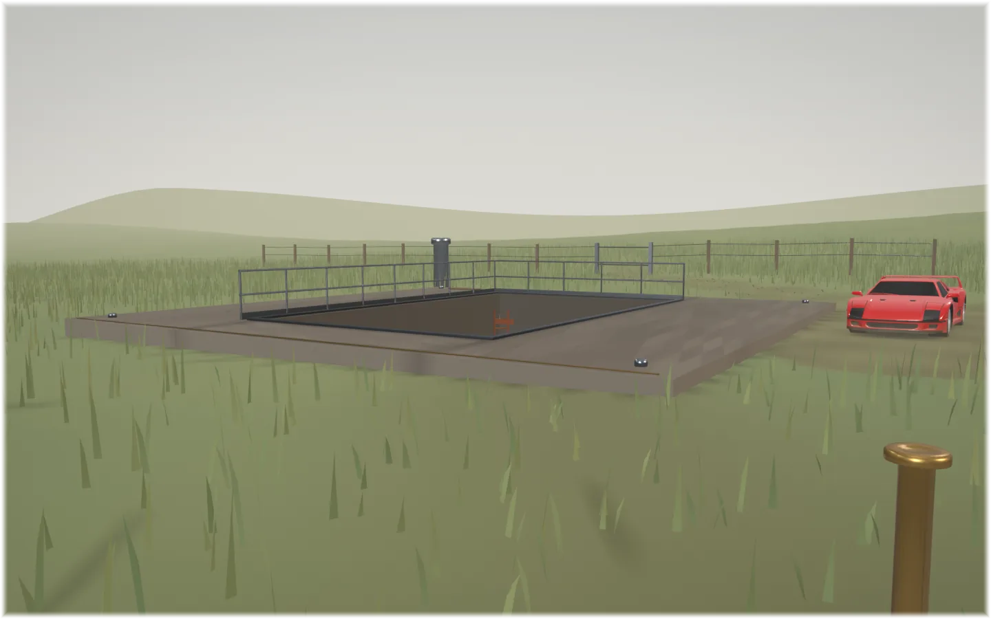 Dawn across a windswept sage meadow under a graded bone sky, a second ridge pale in the haze behind the first. A poured concrete lift head with a steel hatch frame, railed along its far edges, opens toward the ground below; the rail, a post-and-wire fence and a vent stack give the field its scale.